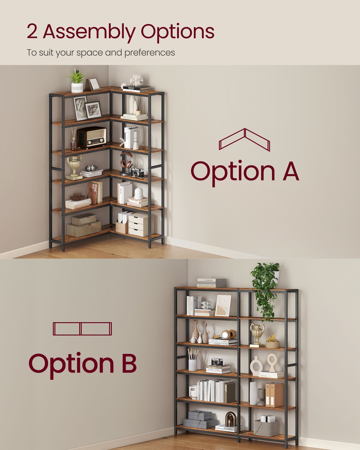 VASAGLE 6 Tier Bookshelf, Convertible Corner Shelf – Rustic Brown, Ink Black