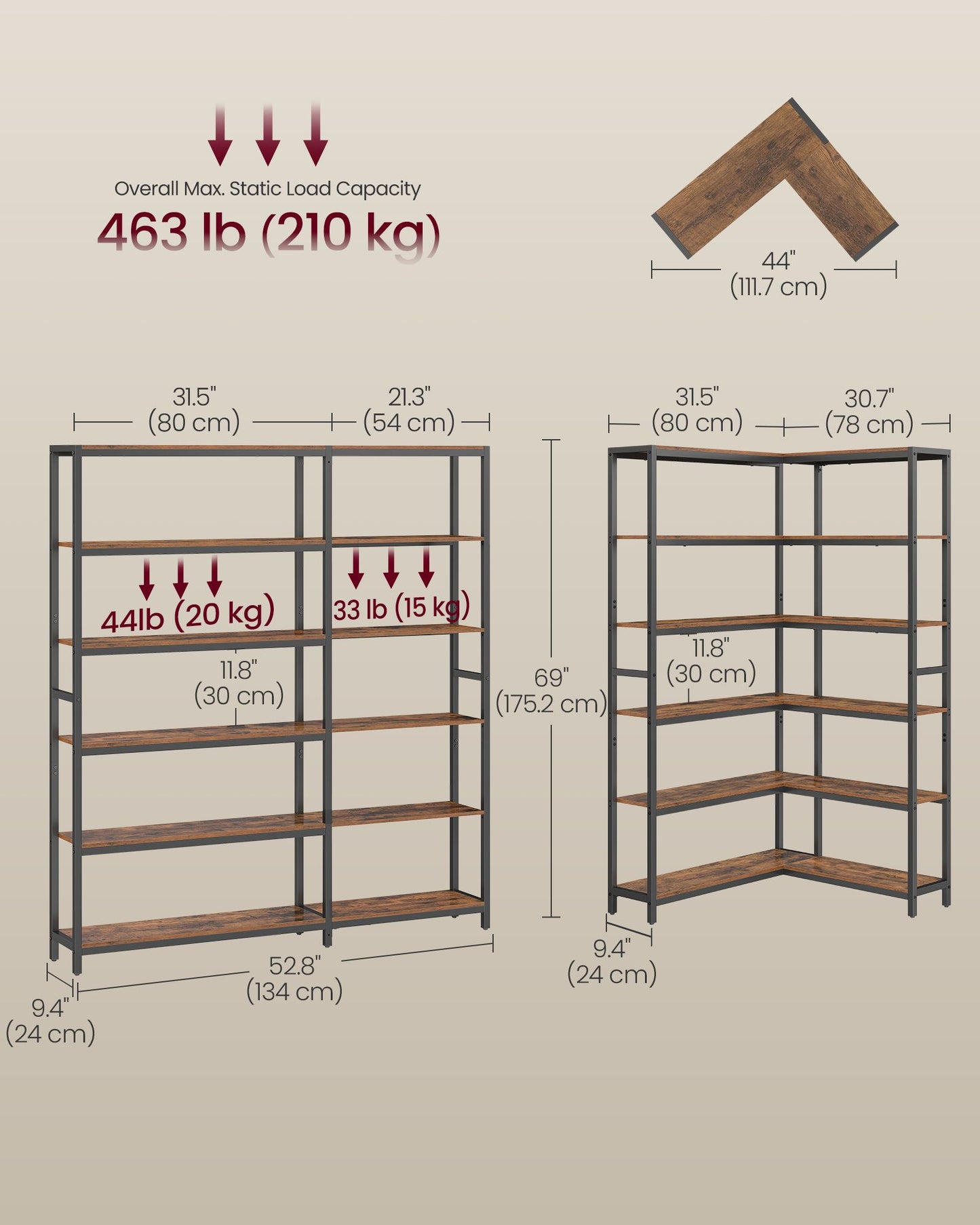 VASAGLE 6 Tier Bookshelf, Convertible Corner Shelf – Rustic Brown, Ink Black