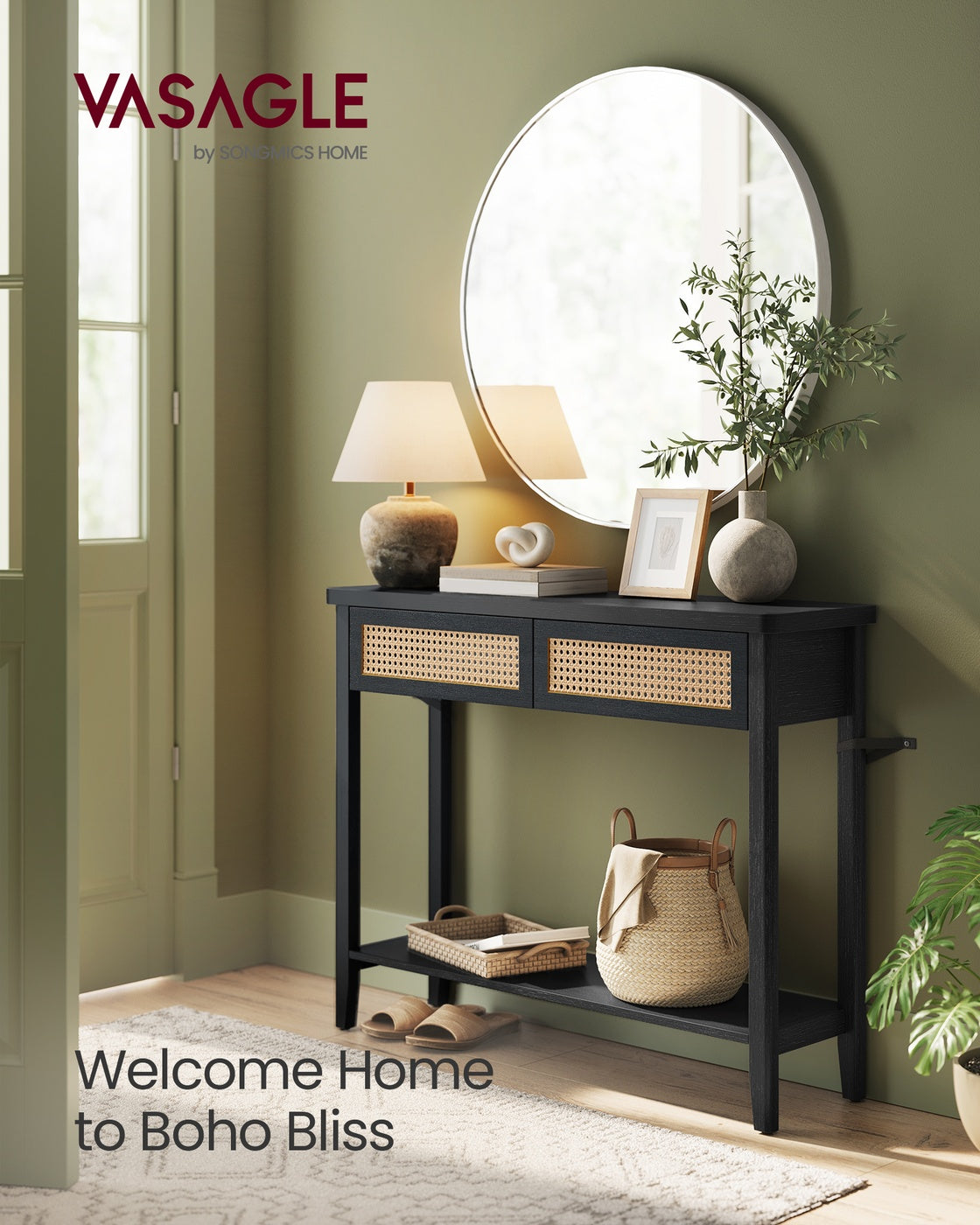 VASAGLE Boho Console Table, 2-Drawer, Ash Black
