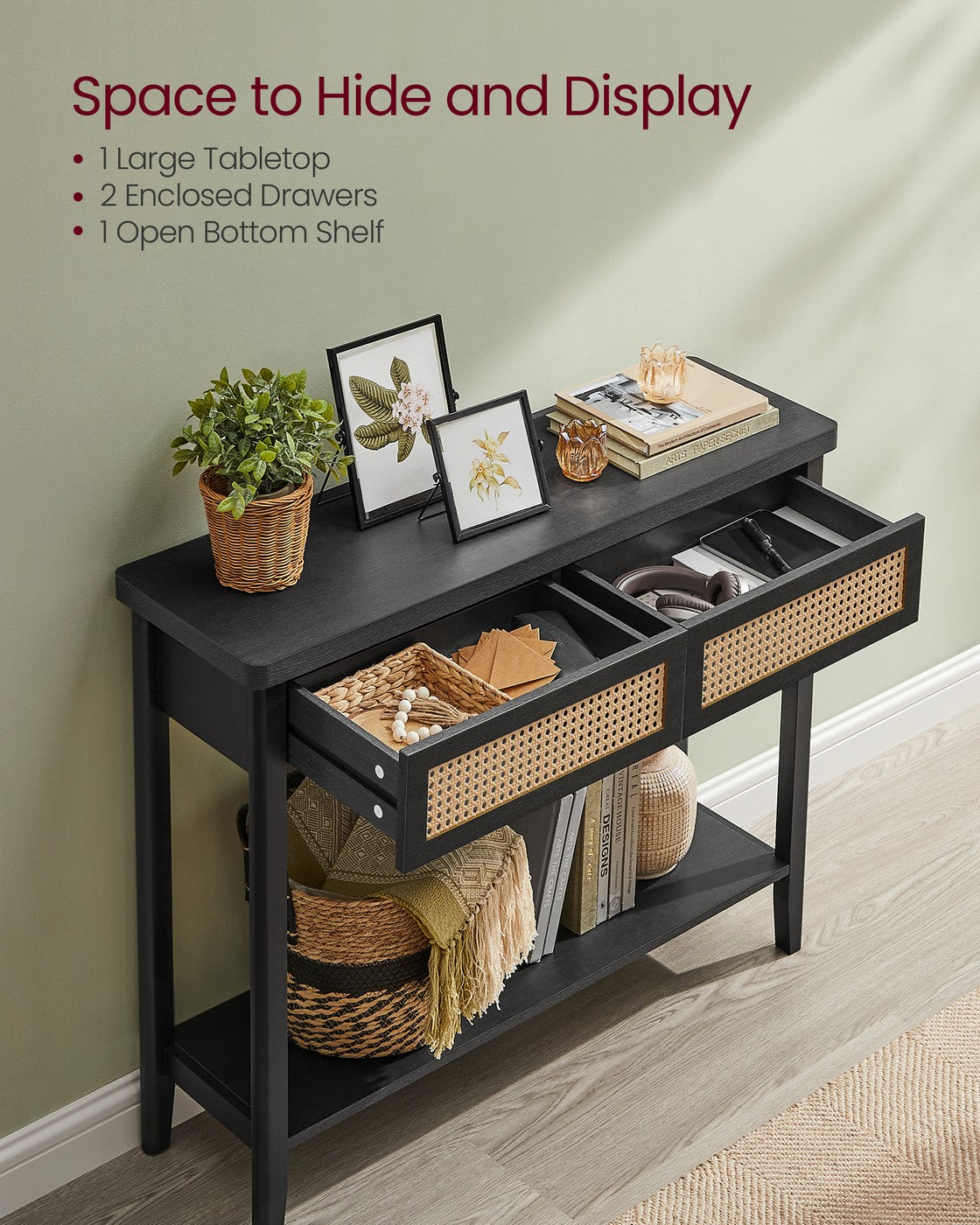 VASAGLE Boho Console Table, 2-Drawer, Ash Black