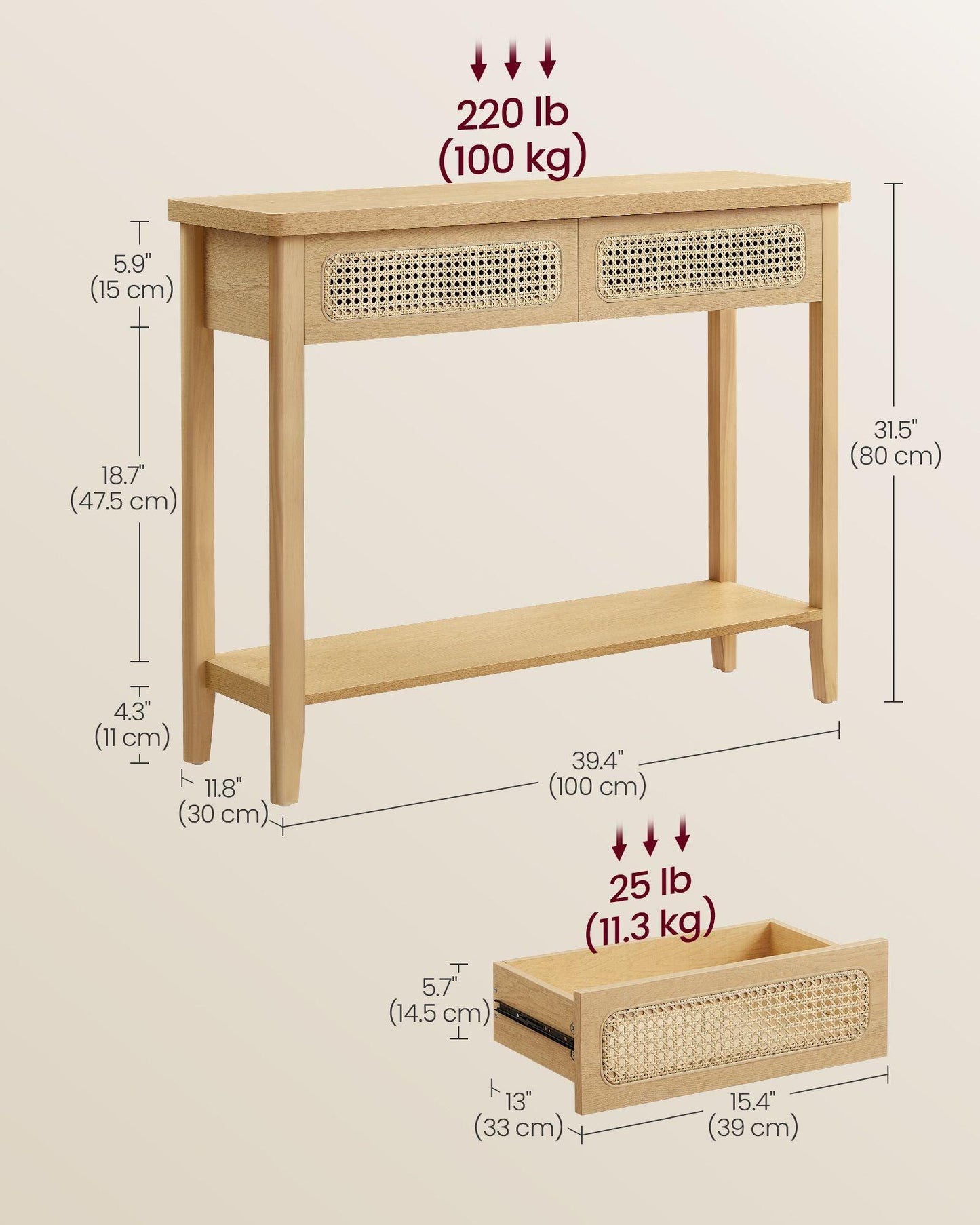 Console Table with Drawers and Shelf Oak Beige