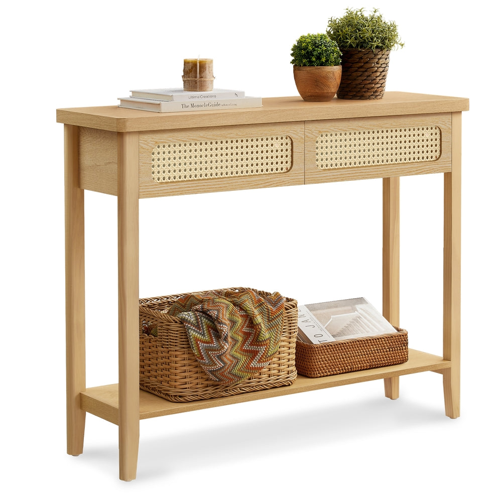 VASAGLE Console Sofa Table, Narrow Entryway, 2 Drawers, Open Shelf, Rounded Corners, Camel Yellow