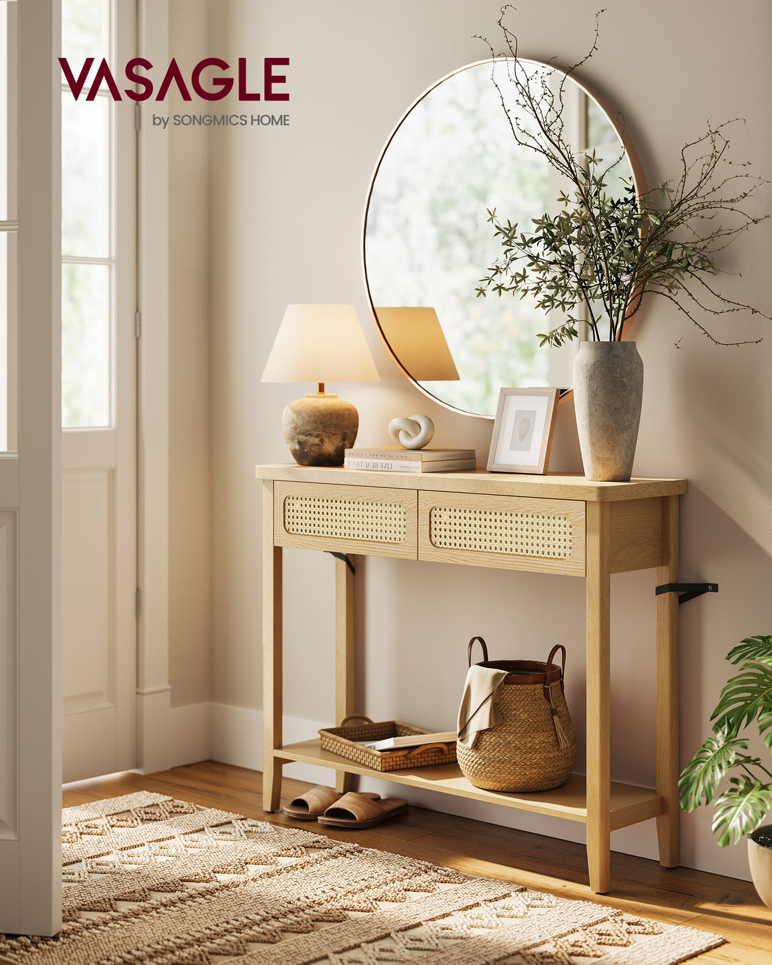 VASAGLE Console Sofa Table, Narrow Entryway, 2 Drawers, Open Shelf, Rounded Corners, Camel Yellow