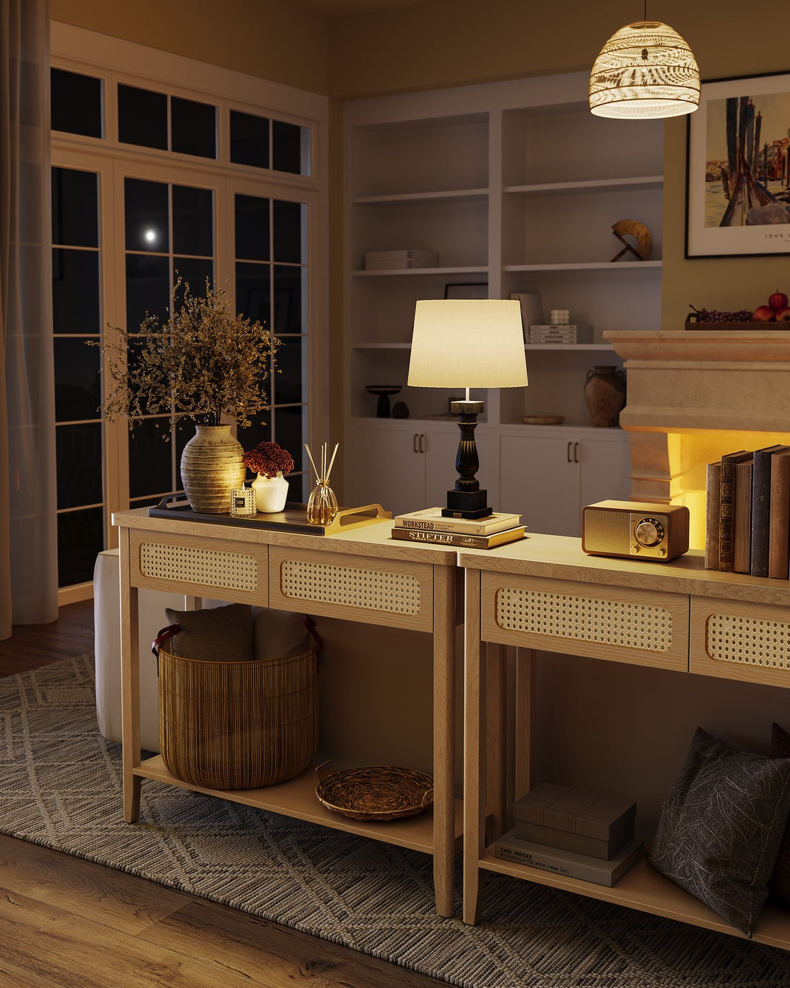 VASAGLE Console Sofa Table, Narrow Entryway, 2 Drawers, Open Shelf, Rounded Corners, Camel Yellow