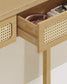 VASAGLE Console Sofa Table, Narrow Entryway, 2 Drawers, Open Shelf, Rounded Corners, Camel Yellow