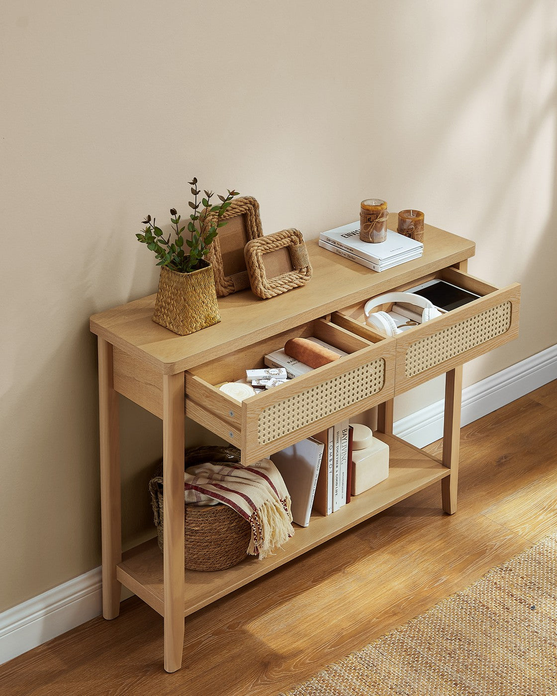 VASAGLE Console Sofa Table, Narrow Entryway, 2 Drawers, Open Shelf, Rounded Corners, Camel Yellow