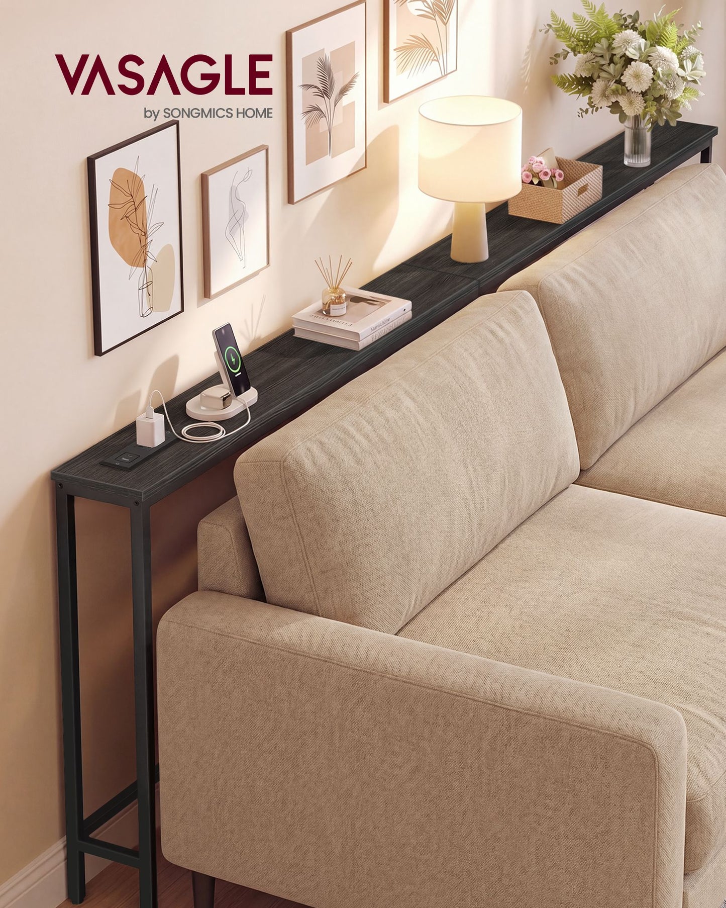 VASAGLE Narrow Sofa Table with Outlet and Hooks Charcoal Gray Ink Black – Charcoal Gray, Matte Black
