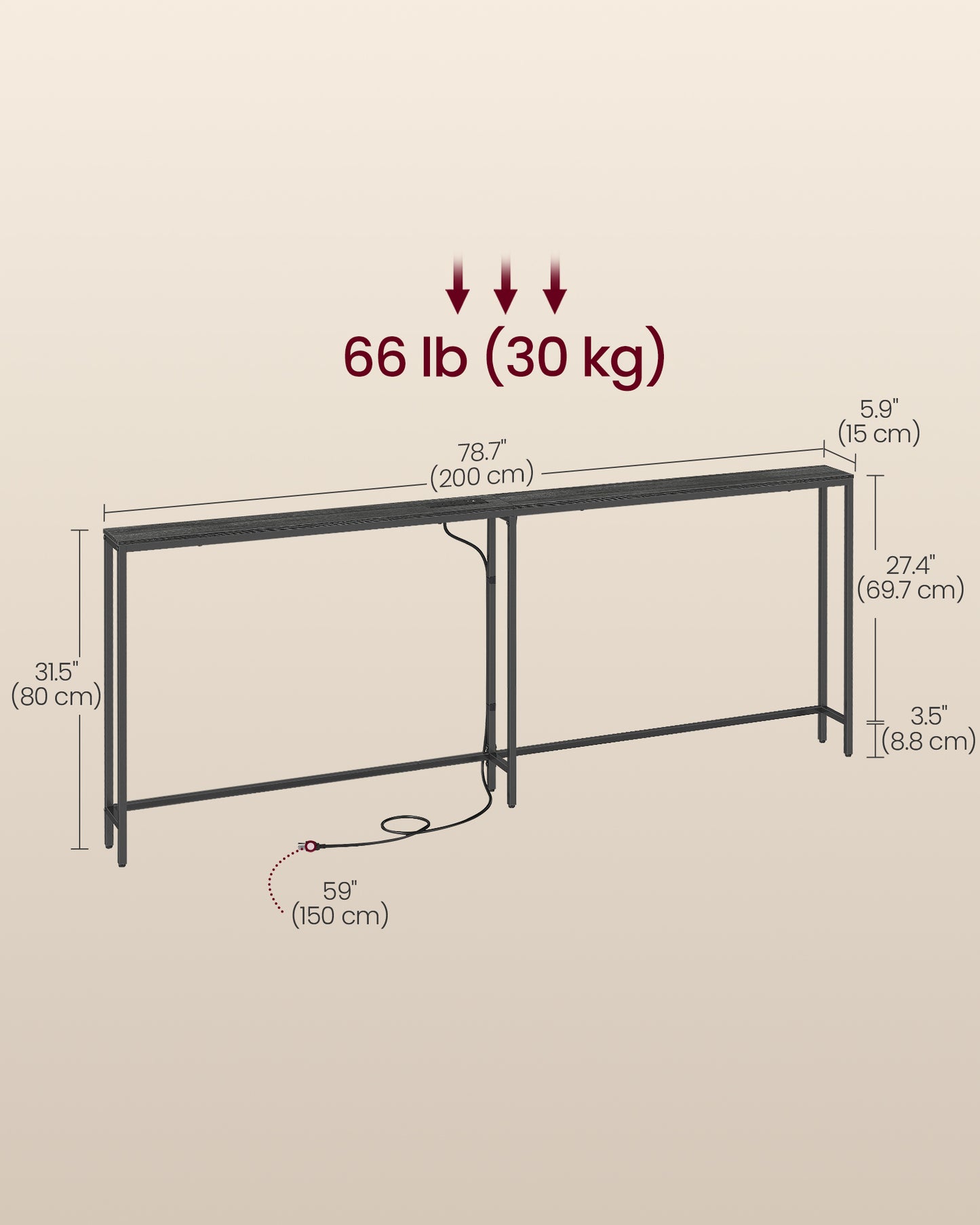 VASAGLE Narrow Sofa Table with Outlet and Hooks Charcoal Gray Ink Black – Charcoal Gray, Matte Black