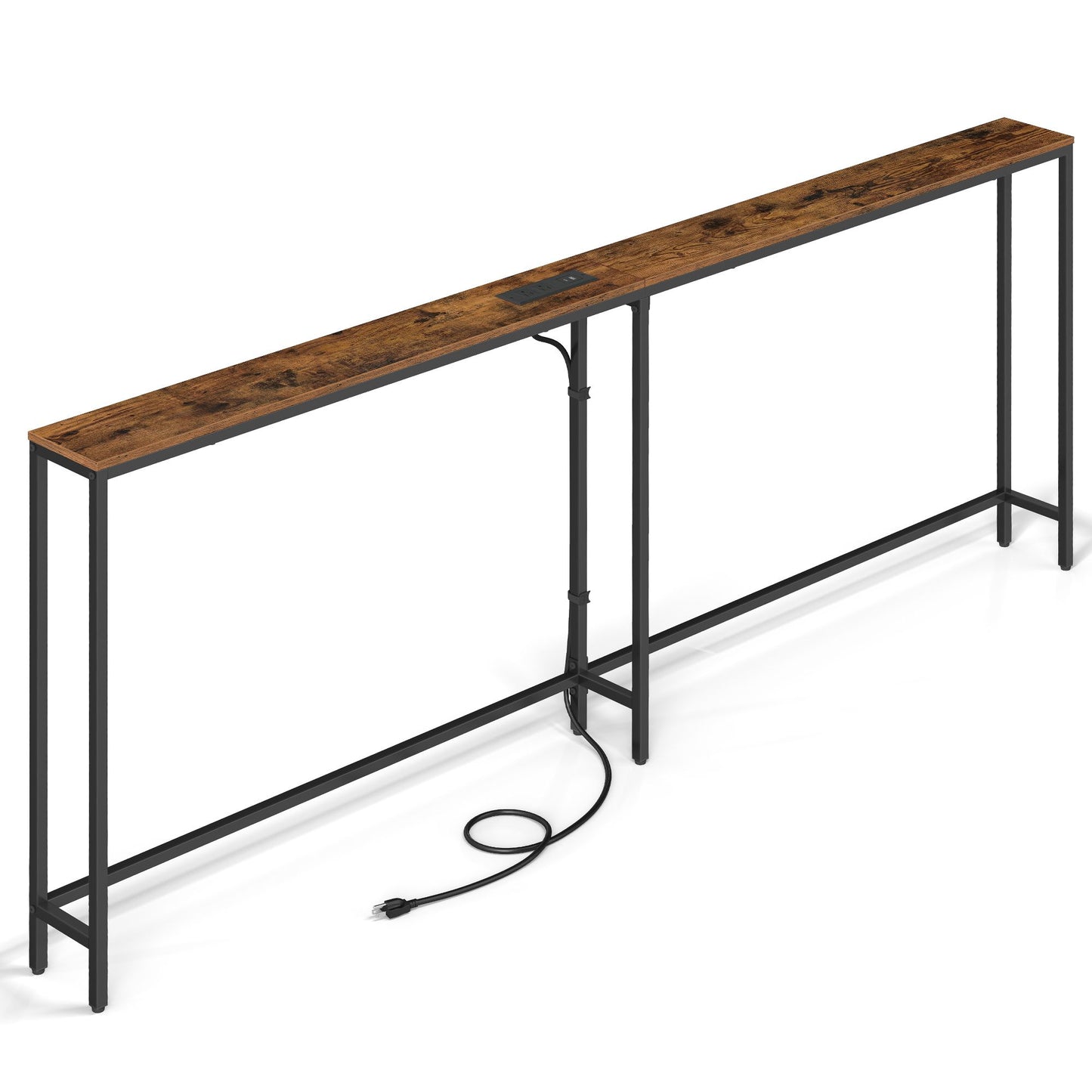 VASAGLE Narrow Sofa Table with Outlet and Hooks Rustic Brown Ink Black – Rustic Brown, Matte Black