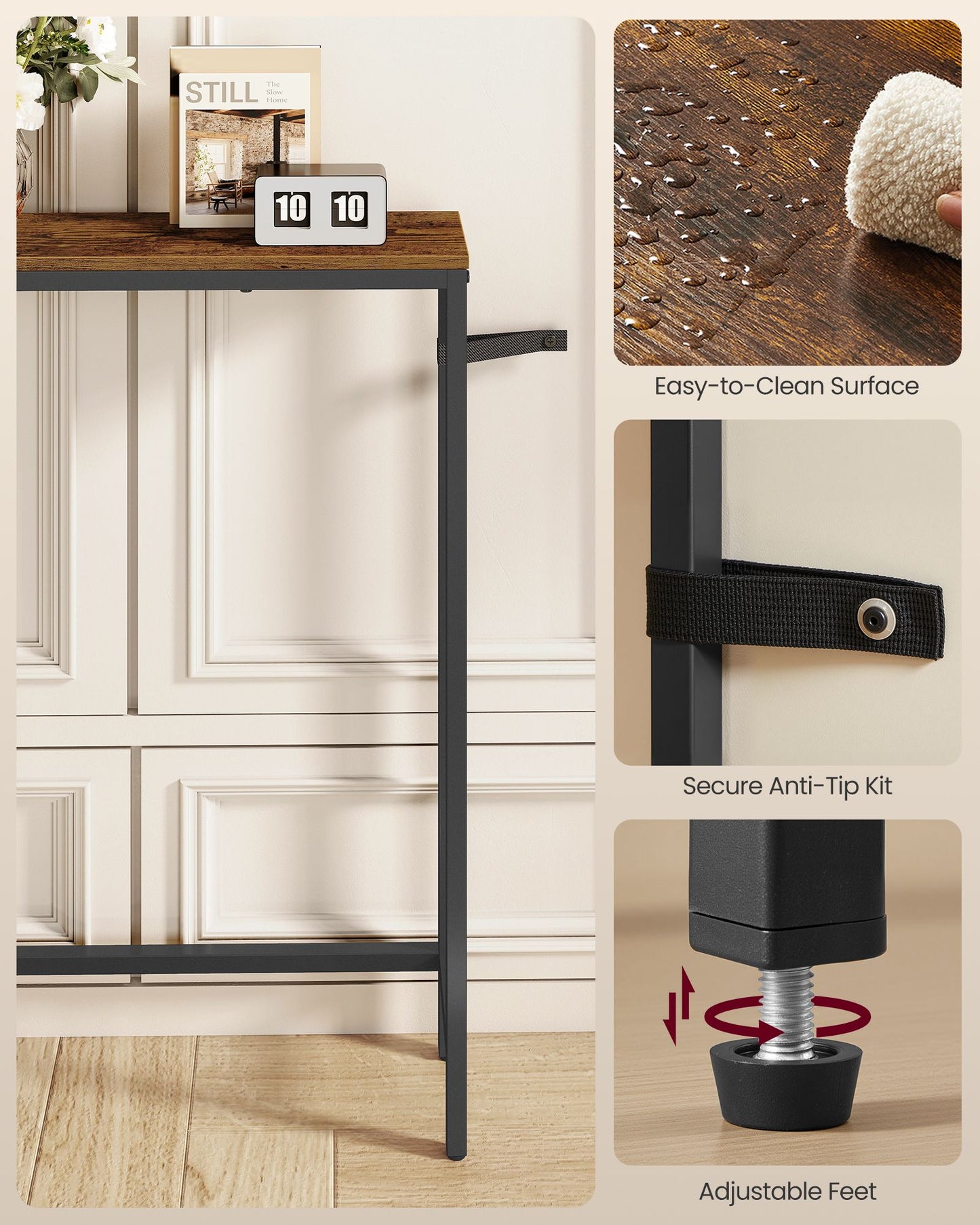 VASAGLE Narrow Sofa Table with Outlet and Hooks Rustic Brown Ink Black – Rustic Brown, Matte Black