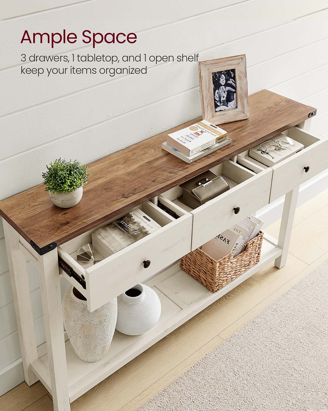 VASAGLE Console Table with Drawers and Open Shelf – Honey Brown, Rustic White