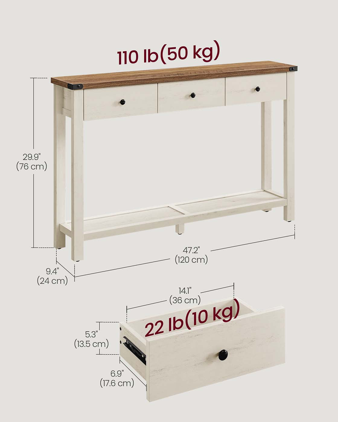 VASAGLE Console Table with Drawers and Open Shelf – Honey Brown, Rustic White