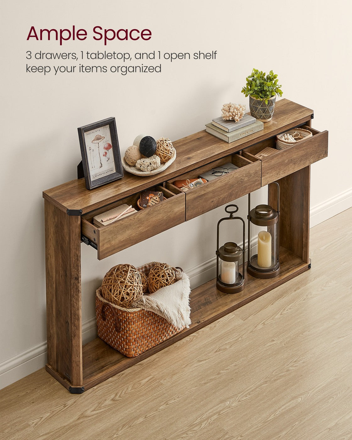 VASAGLE Narrow Console Table with Drawers and Bottom Shelf – Honey Brown – 9.4"D x 47.2"W x 29.9"H