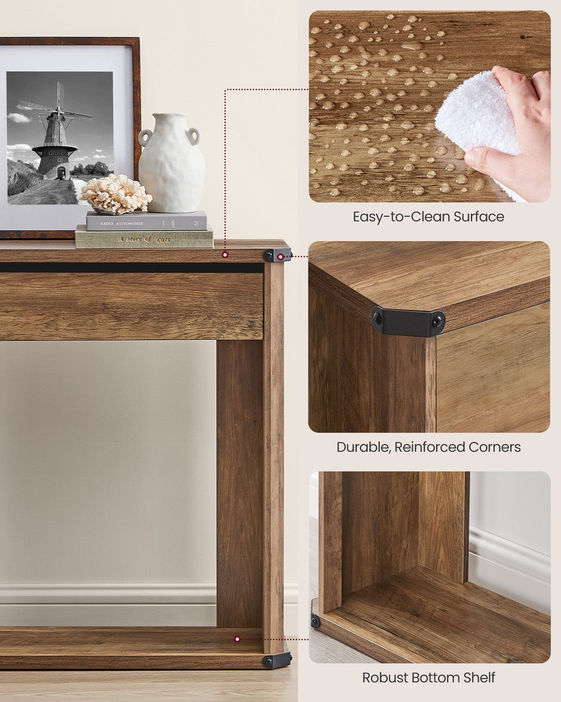 VASAGLE Narrow Console Table with Drawers and Bottom Shelf – Honey Brown – 9.4"D x 47.2"W x 29.9"H