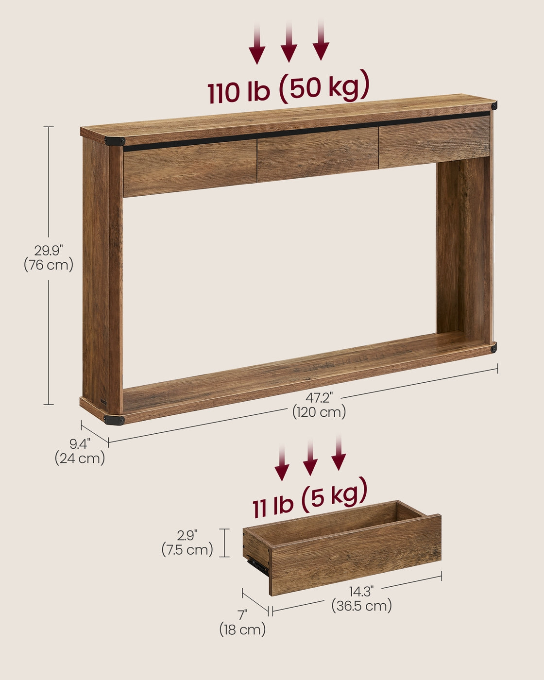VASAGLE Narrow Console Table with Drawers and Bottom Shelf – Honey Brown – 9.4"D x 47.2"W x 29.9"H