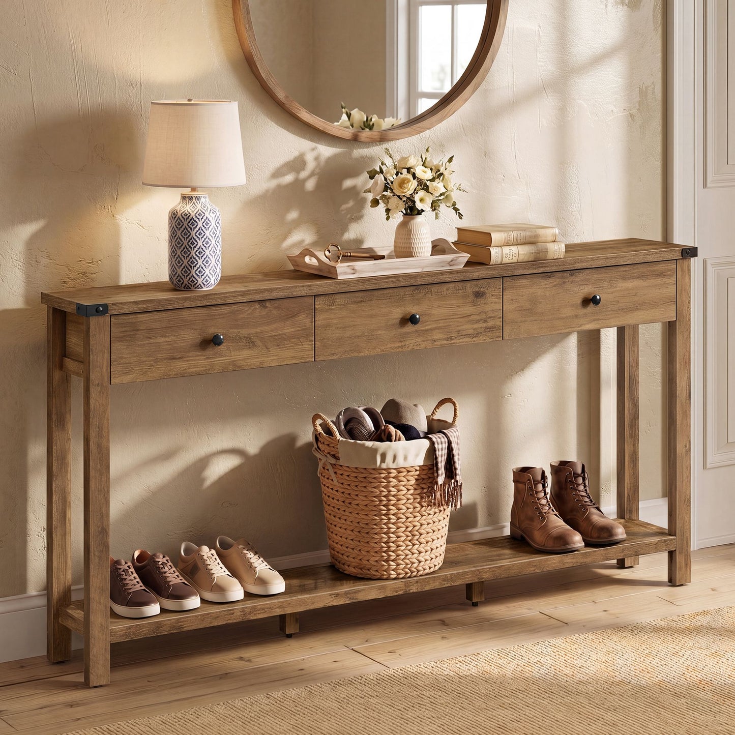 VASAGLE Narrow Farmhouse Sofa Table with Three Drawers Honey Brown – Warm Earth Brown