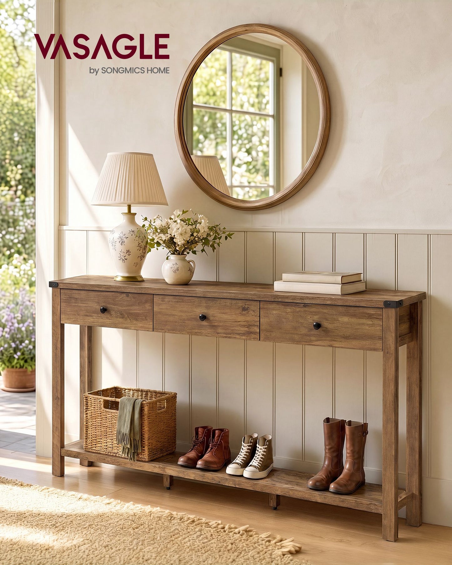 VASAGLE Narrow Farmhouse Sofa Table with Three Drawers Honey Brown – Warm Earth Brown