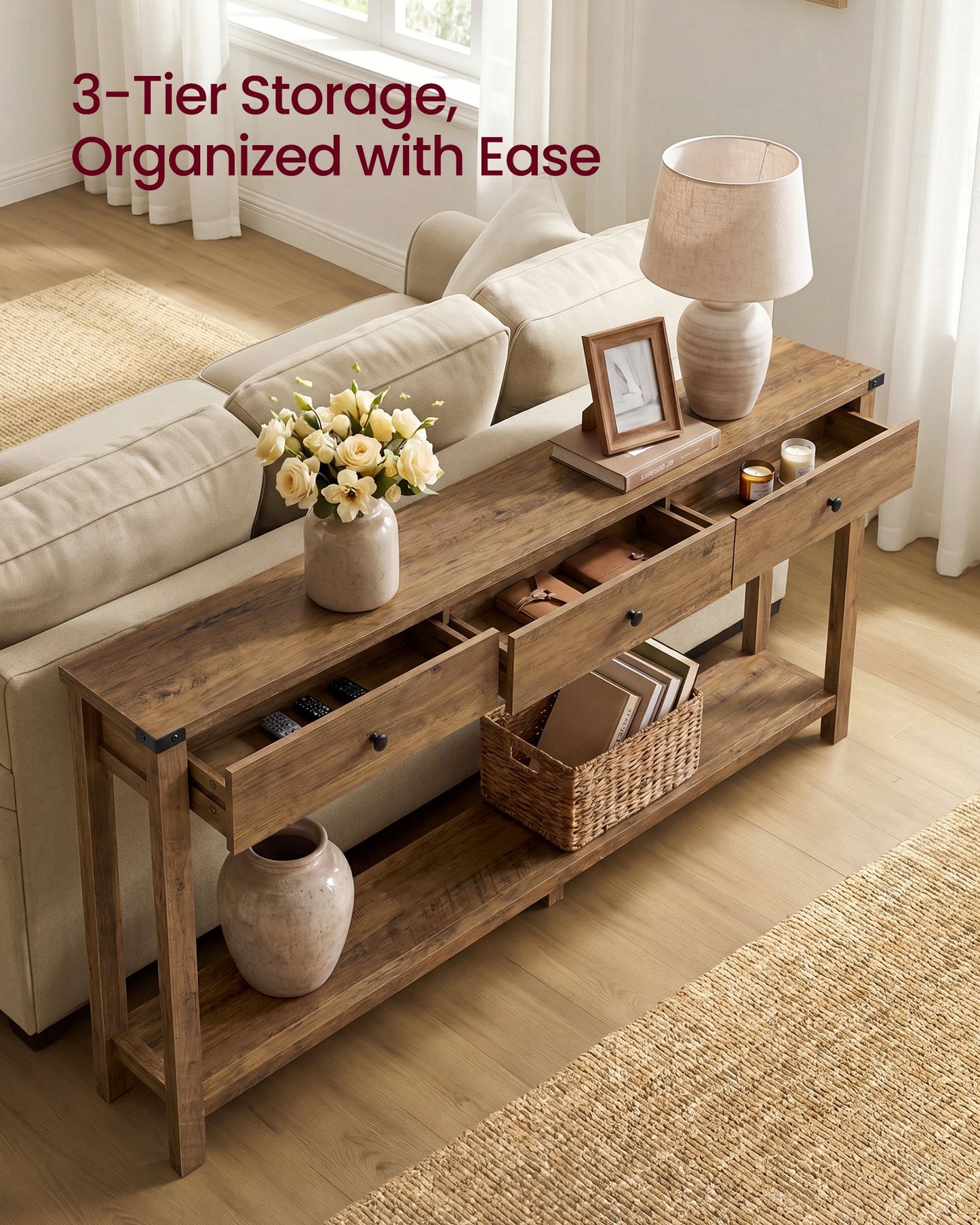 VASAGLE Narrow Farmhouse Sofa Table with Three Drawers Honey Brown – Warm Earth Brown