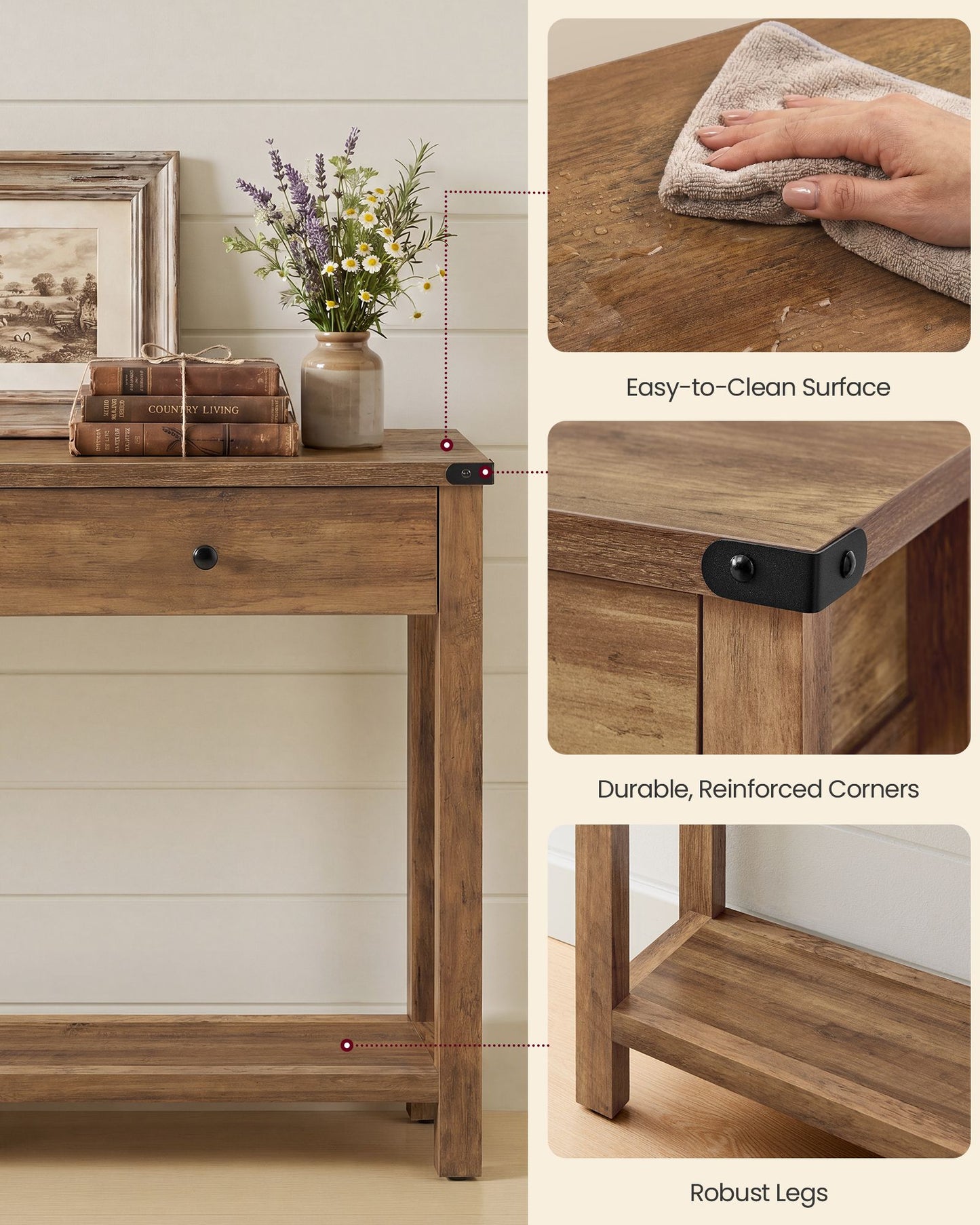 VASAGLE Narrow Farmhouse Sofa Table with Three Drawers Honey Brown – Warm Earth Brown