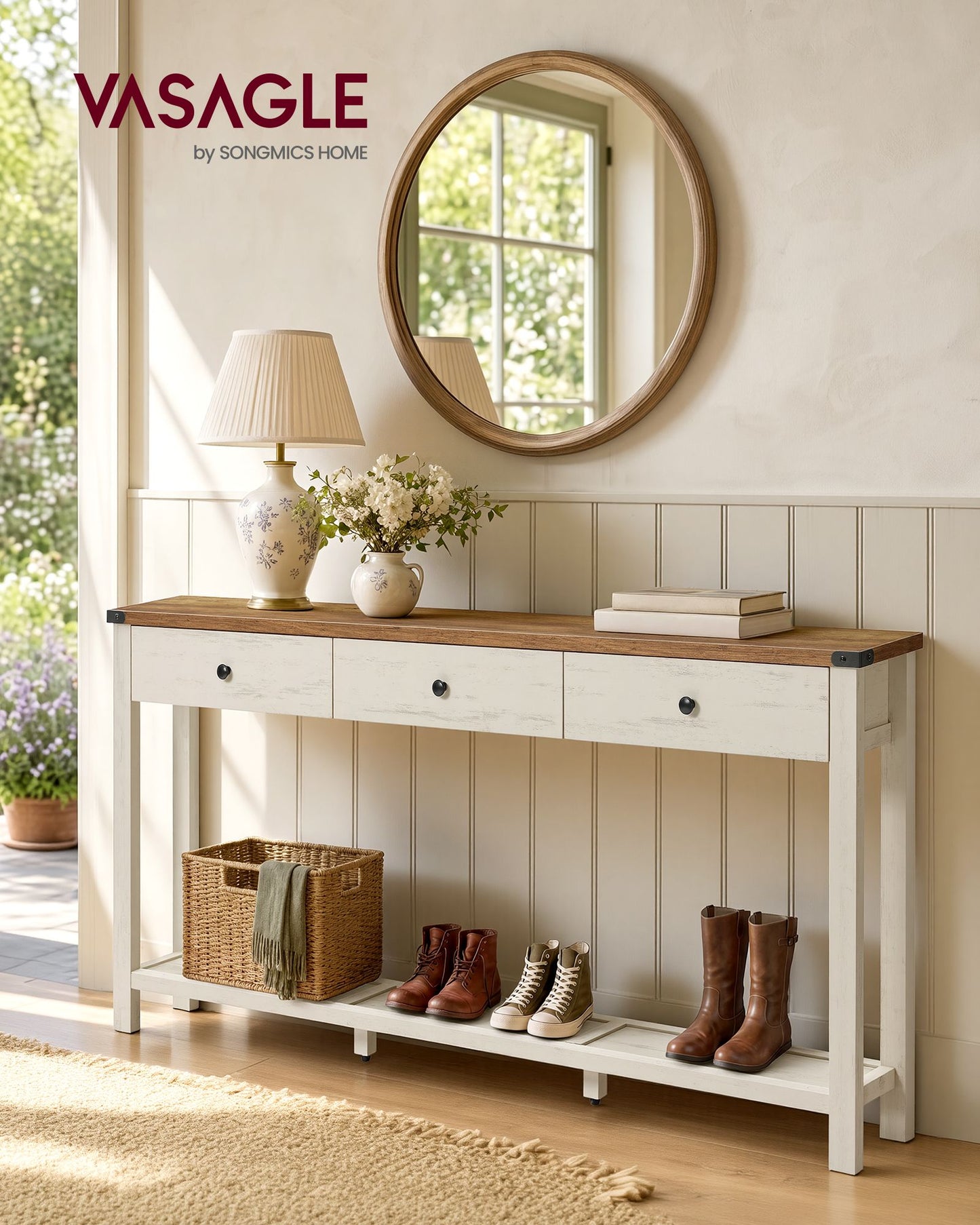 VASAGLE Narrow Sofa Table Three Drawers Rustic White Honey Brown – Cloud White and Warm Earth Brown
