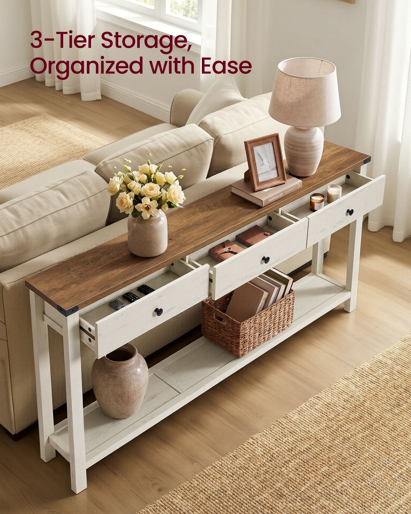 VASAGLE Narrow Sofa Table Three Drawers Rustic White Honey Brown – Cloud White and Warm Earth Brown