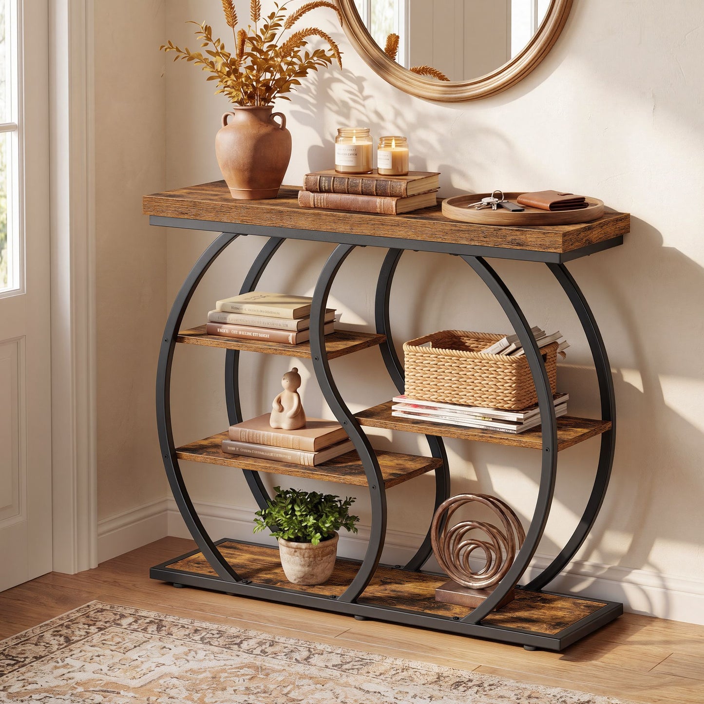 VASAGLE Five Tier Geometric Console Table with Curved Metal Frame – Rustic Brown and Matte Black