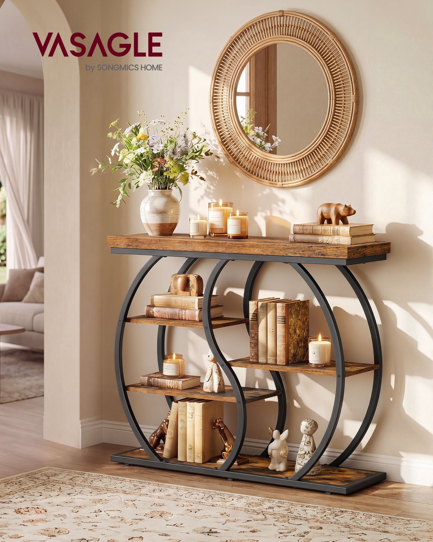 VASAGLE Five Tier Geometric Console Table with Curved Metal Frame – Rustic Brown and Matte Black