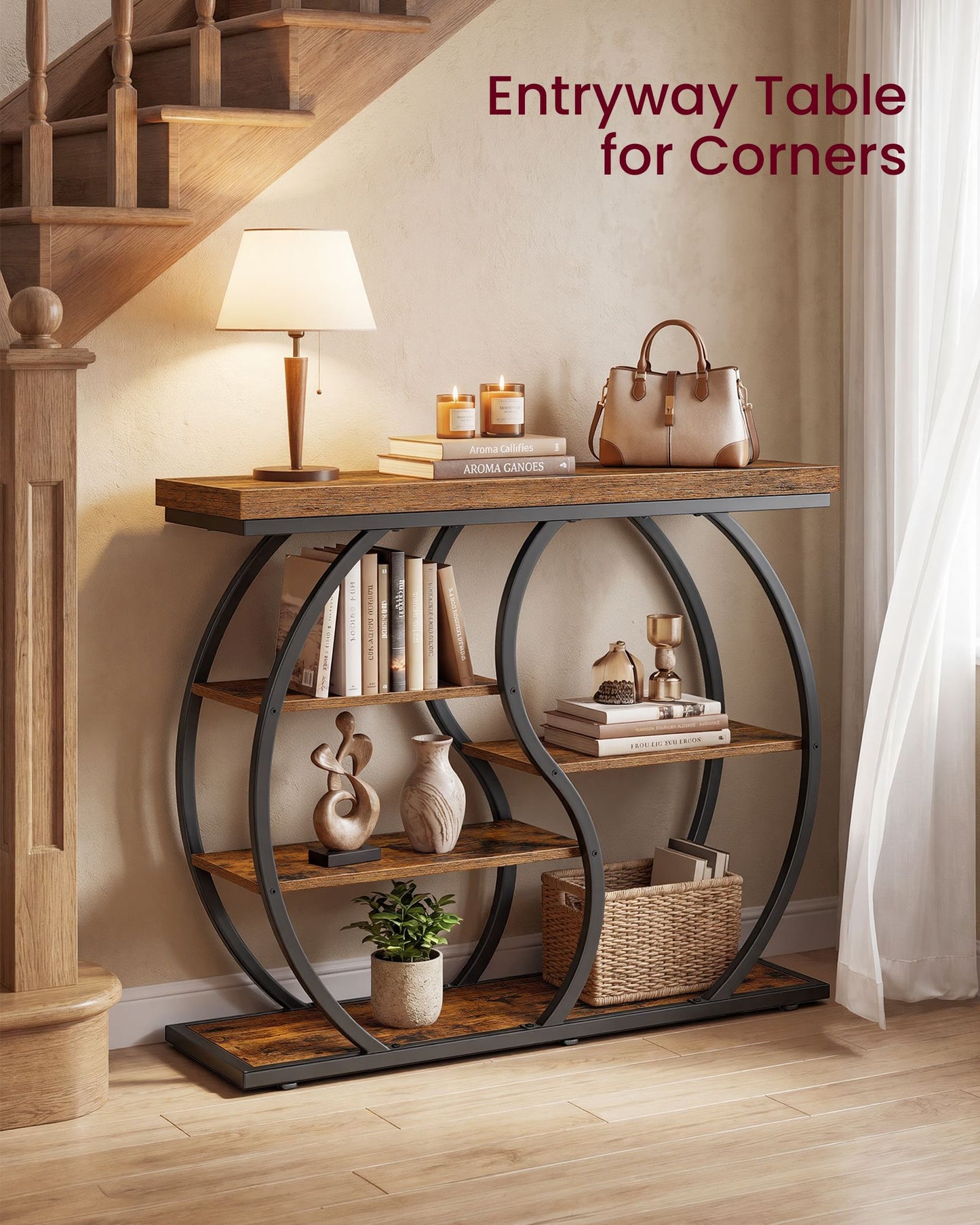 VASAGLE Five Tier Geometric Console Table with Curved Metal Frame – Rustic Brown and Matte Black