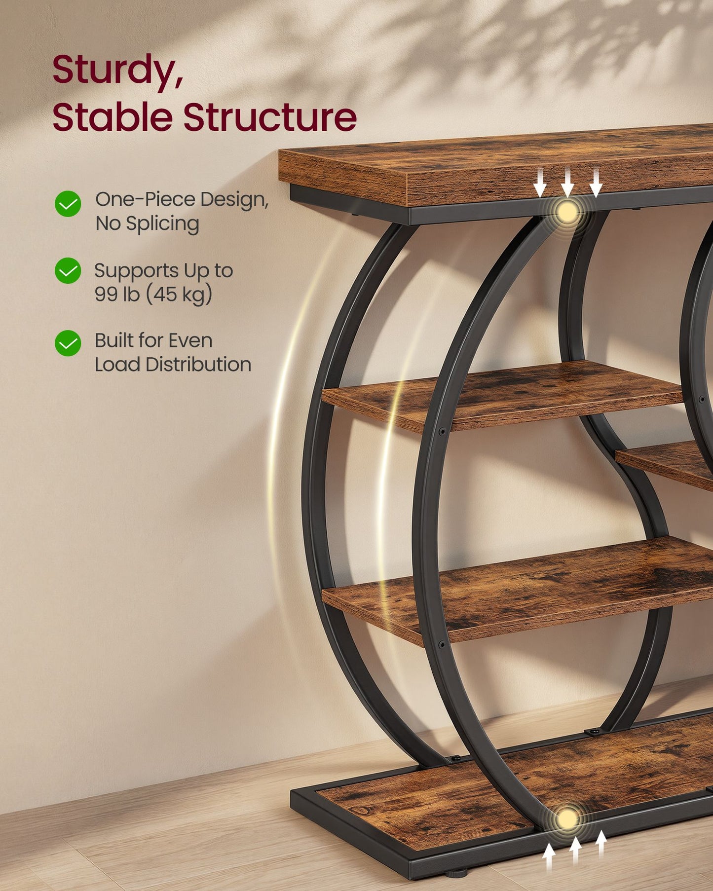 VASAGLE Five Tier Geometric Console Table with Curved Metal Frame – Rustic Brown and Matte Black