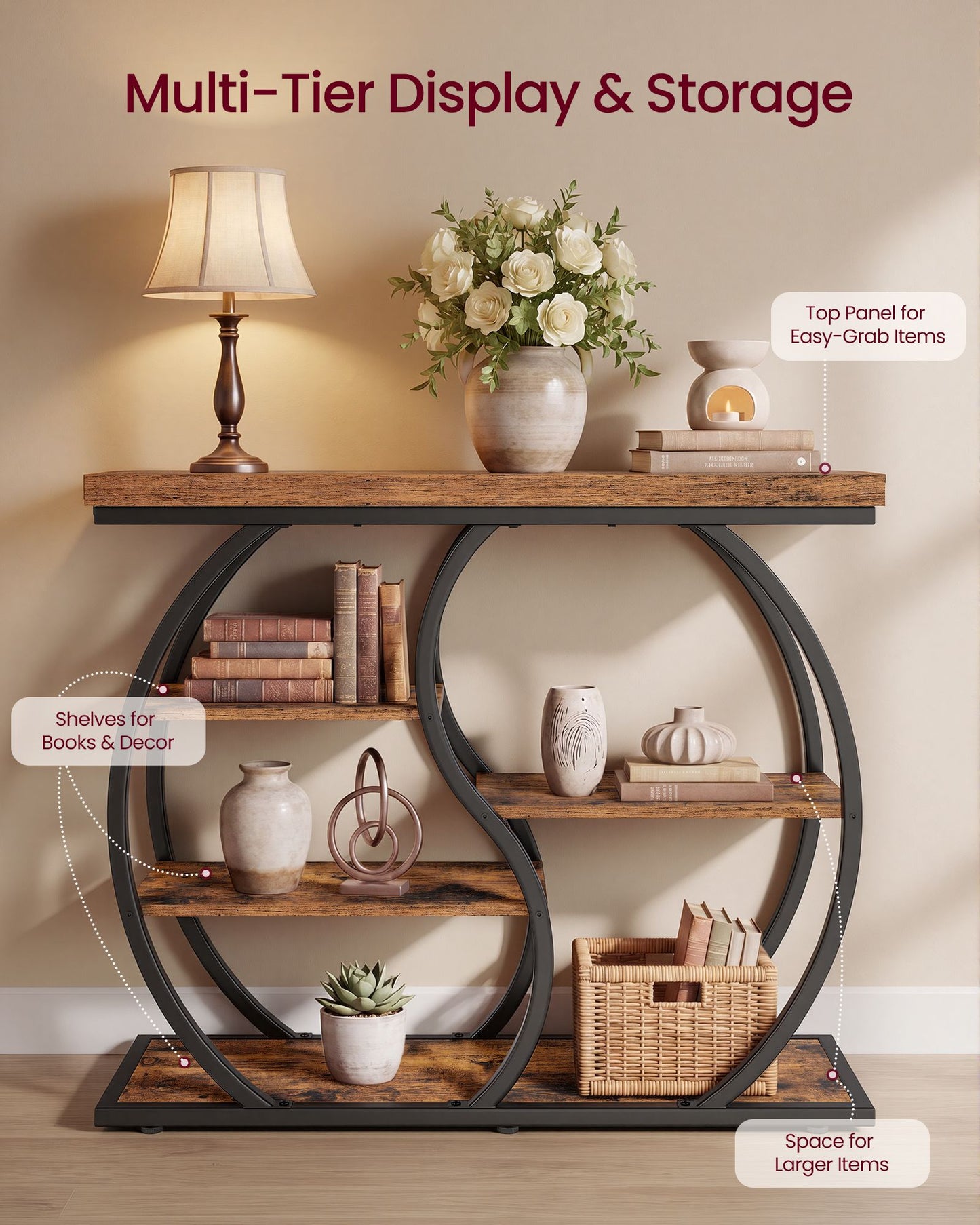 VASAGLE Five Tier Geometric Console Table with Curved Metal Frame – Rustic Brown and Matte Black