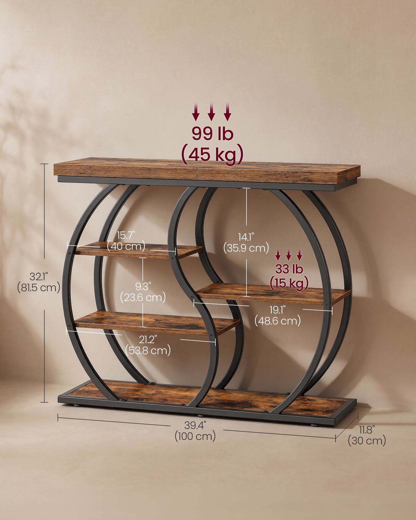VASAGLE Five Tier Geometric Console Table with Curved Metal Frame – Rustic Brown and Matte Black