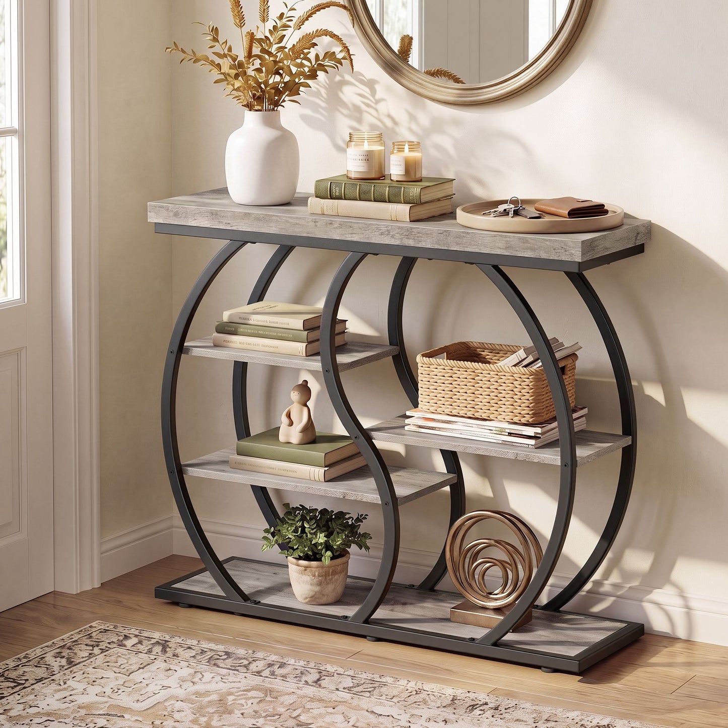 VASAGLE Five Tier Geometric Console Table with Curved Metal Frame – Heather Greige and Matte Black