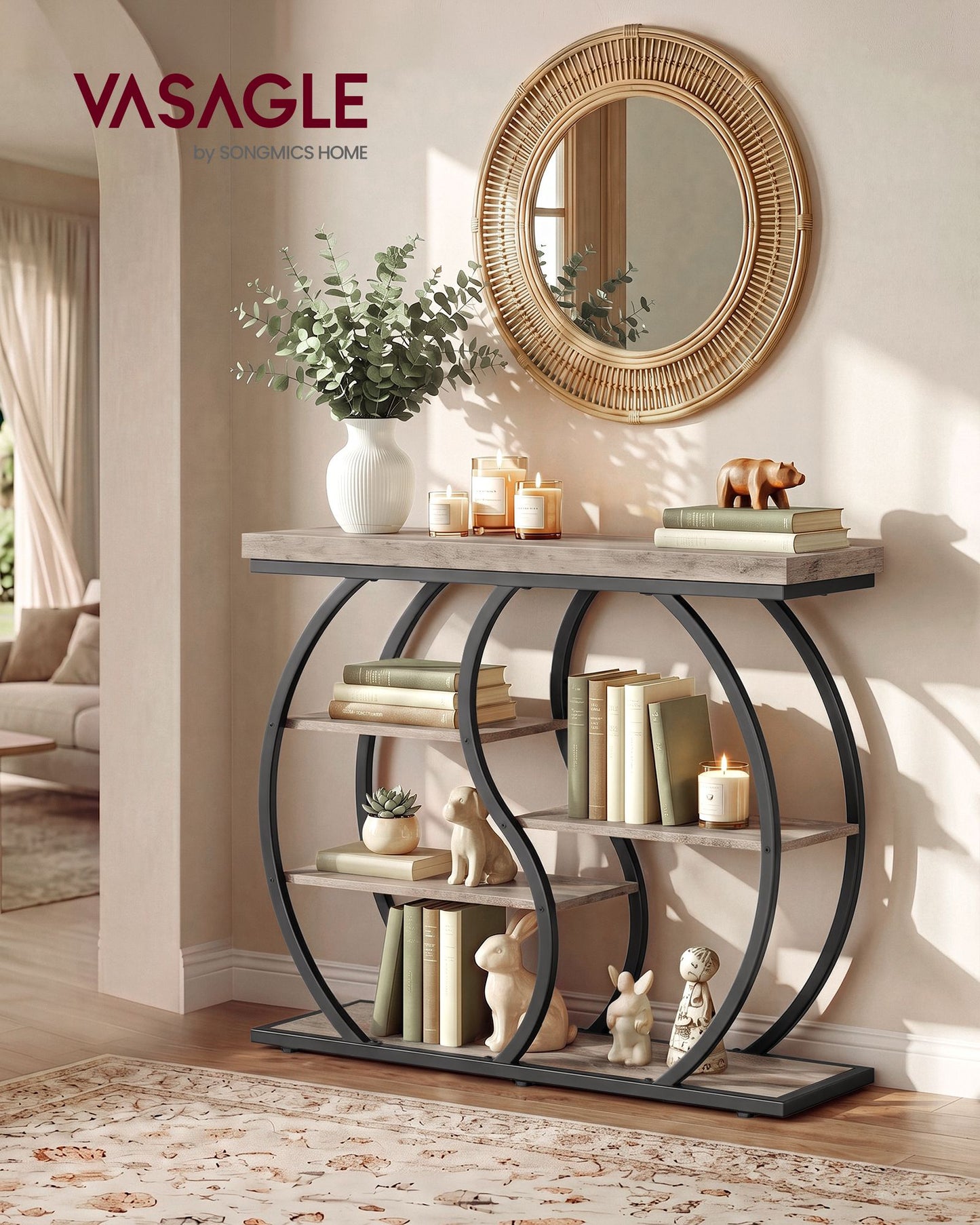 VASAGLE Five Tier Geometric Console Table with Curved Metal Frame – Heather Greige and Matte Black