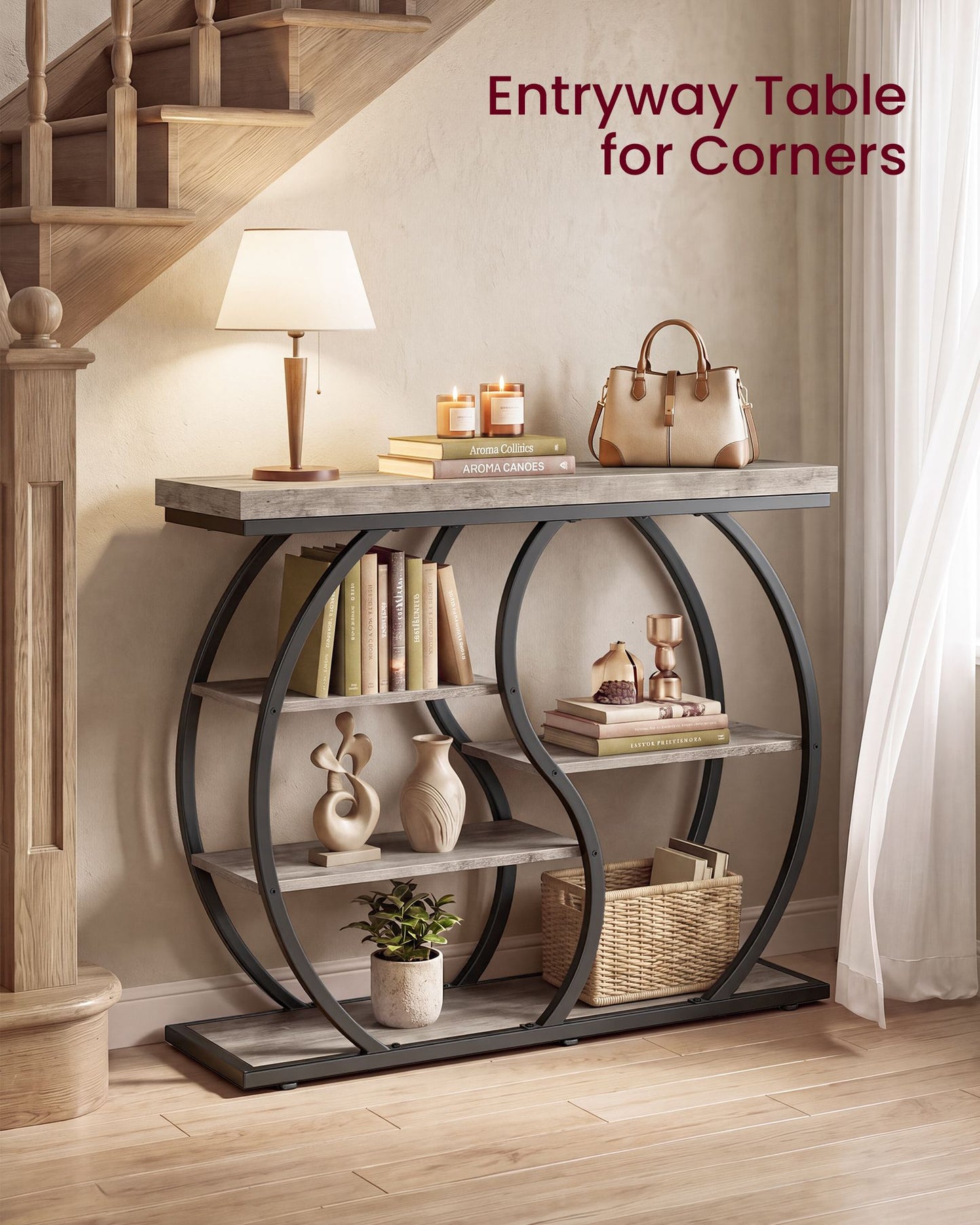 VASAGLE Five Tier Geometric Console Table with Curved Metal Frame – Heather Greige and Matte Black