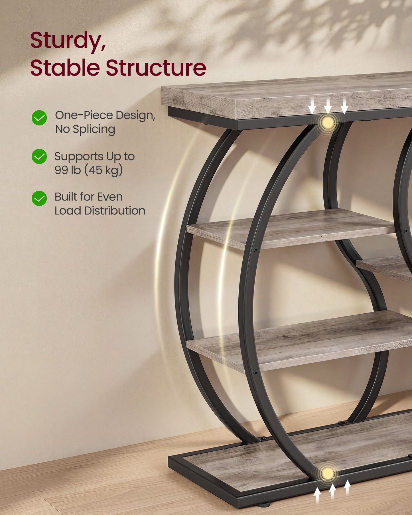 VASAGLE Five Tier Geometric Console Table with Curved Metal Frame – Heather Greige and Matte Black