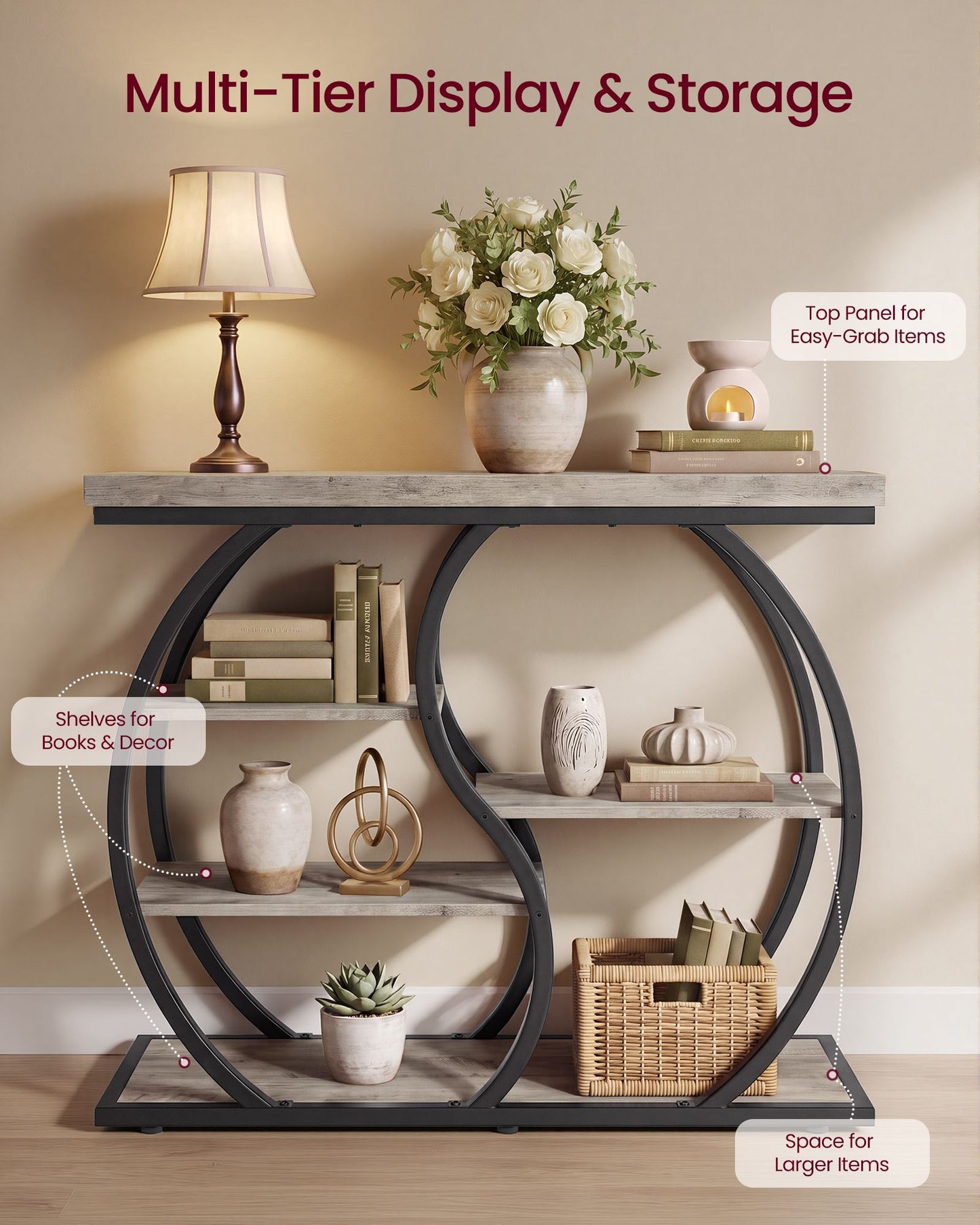 VASAGLE Five Tier Geometric Console Table with Curved Metal Frame – Heather Greige and Matte Black