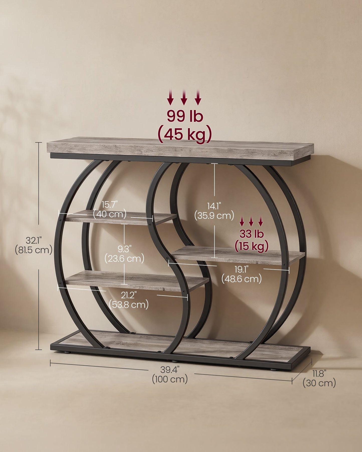 VASAGLE Five Tier Geometric Console Table with Curved Metal Frame – Heather Greige and Matte Black