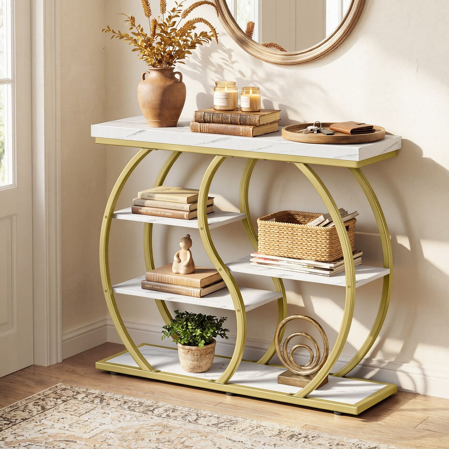VASAGLE Five Tier Geometric Console Table with Curved Metal Frame – Marble White and Pale Gold