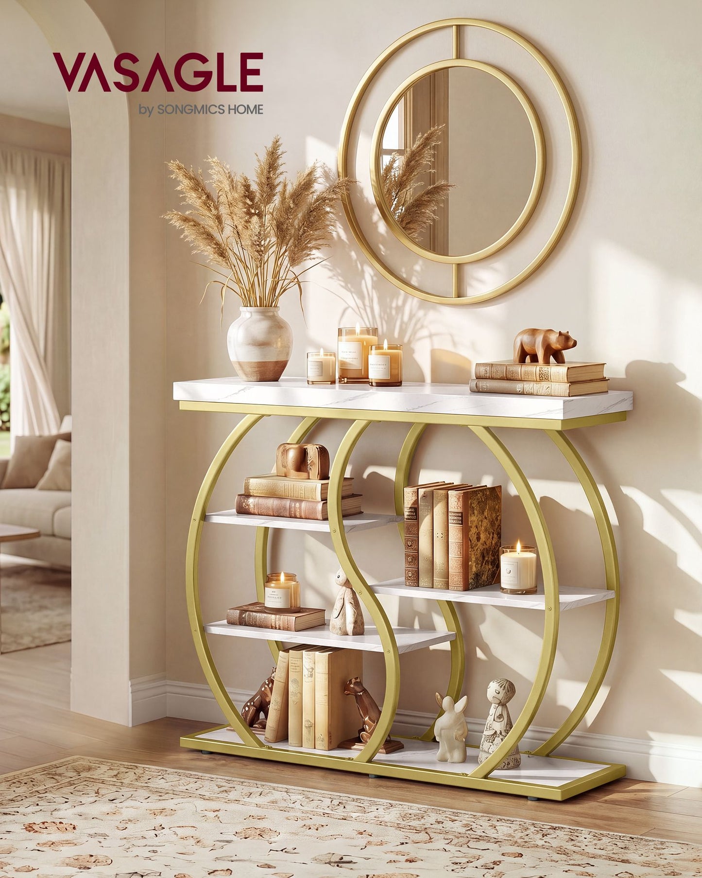 VASAGLE Five Tier Geometric Console Table with Curved Metal Frame – Marble White and Pale Gold
