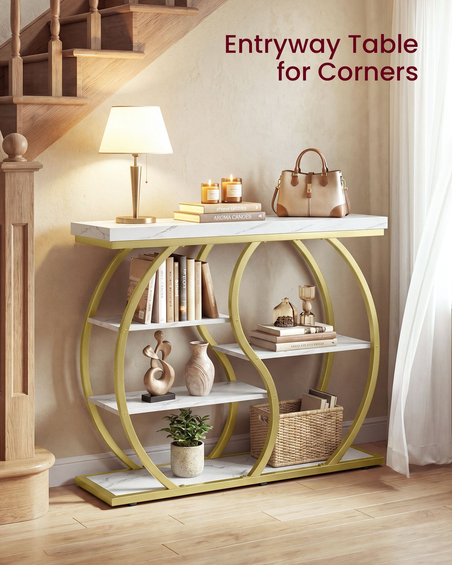 VASAGLE Five Tier Geometric Console Table with Curved Metal Frame – Marble White and Pale Gold