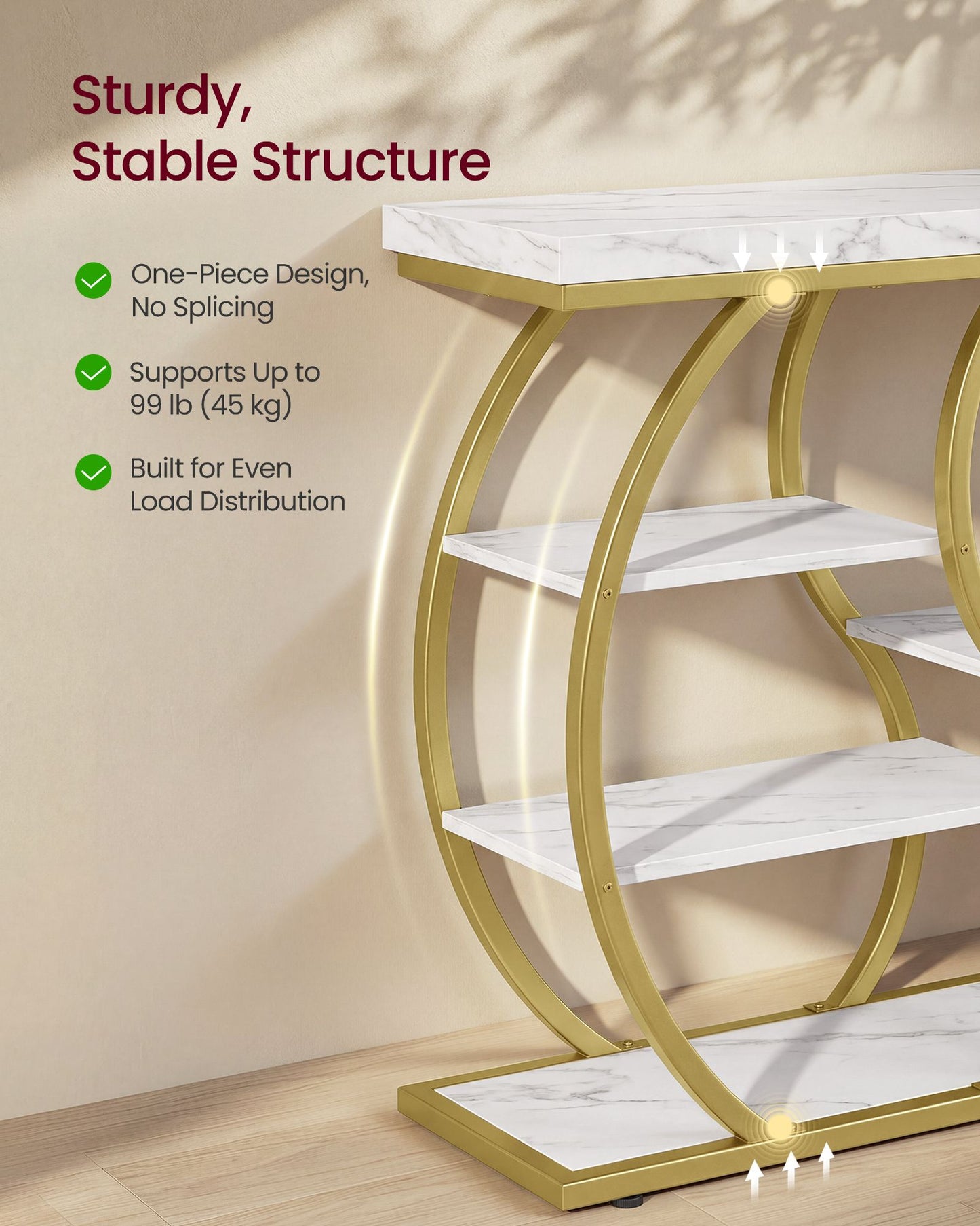 VASAGLE Five Tier Geometric Console Table with Curved Metal Frame – Marble White and Pale Gold