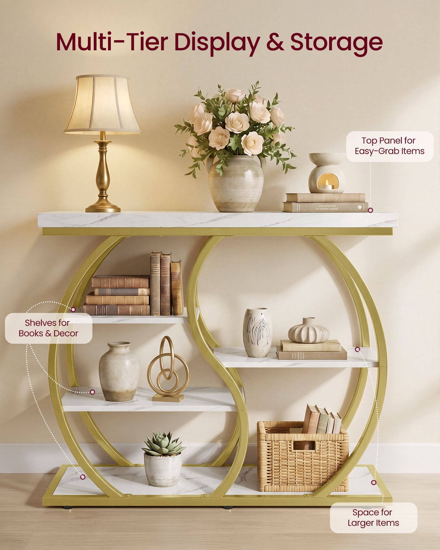 VASAGLE Five Tier Geometric Console Table with Curved Metal Frame – Marble White and Pale Gold