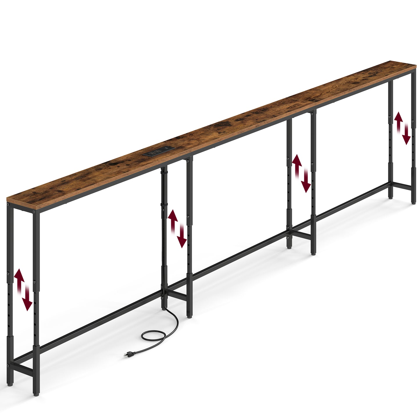 VASAGLE Height Adjustable Sofa Console Table with Power Outlet Brown – Rustic Brown and Matte Black