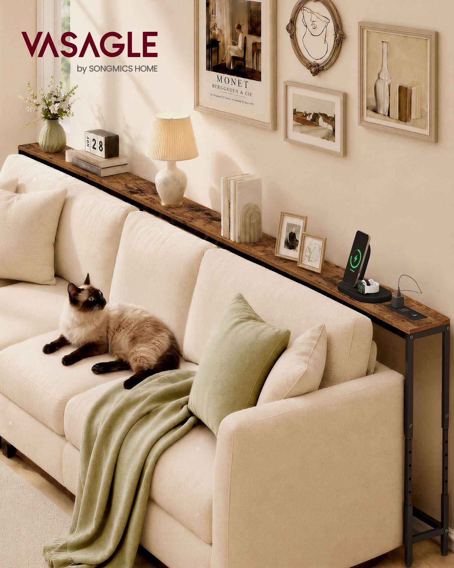 VASAGLE Height Adjustable Sofa Console Table with Power Outlet Brown – Rustic Brown and Matte Black