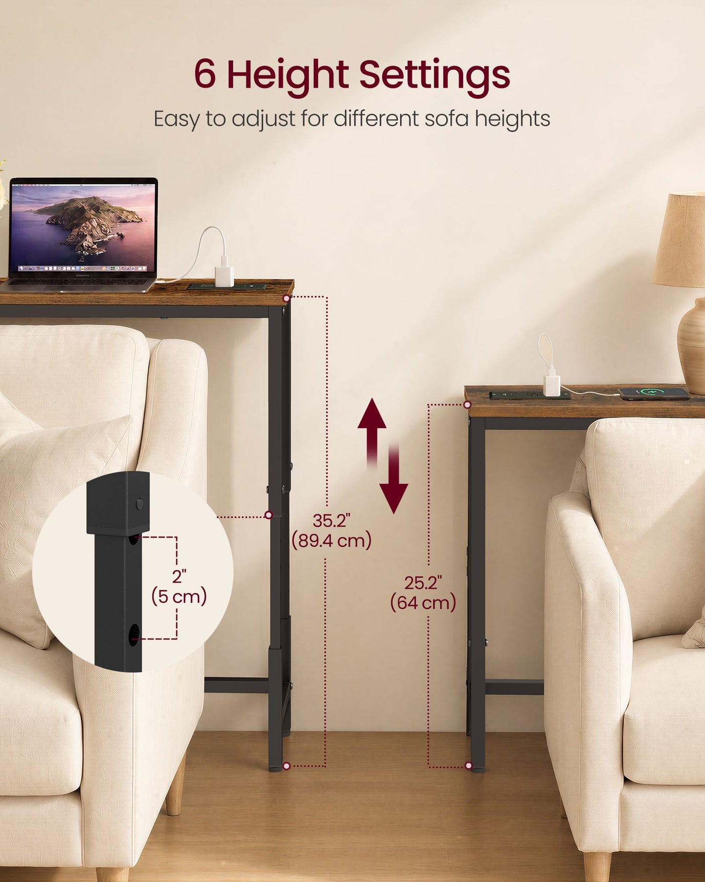 VASAGLE Height Adjustable Sofa Console Table with Power Outlet Brown – Rustic Brown and Matte Black