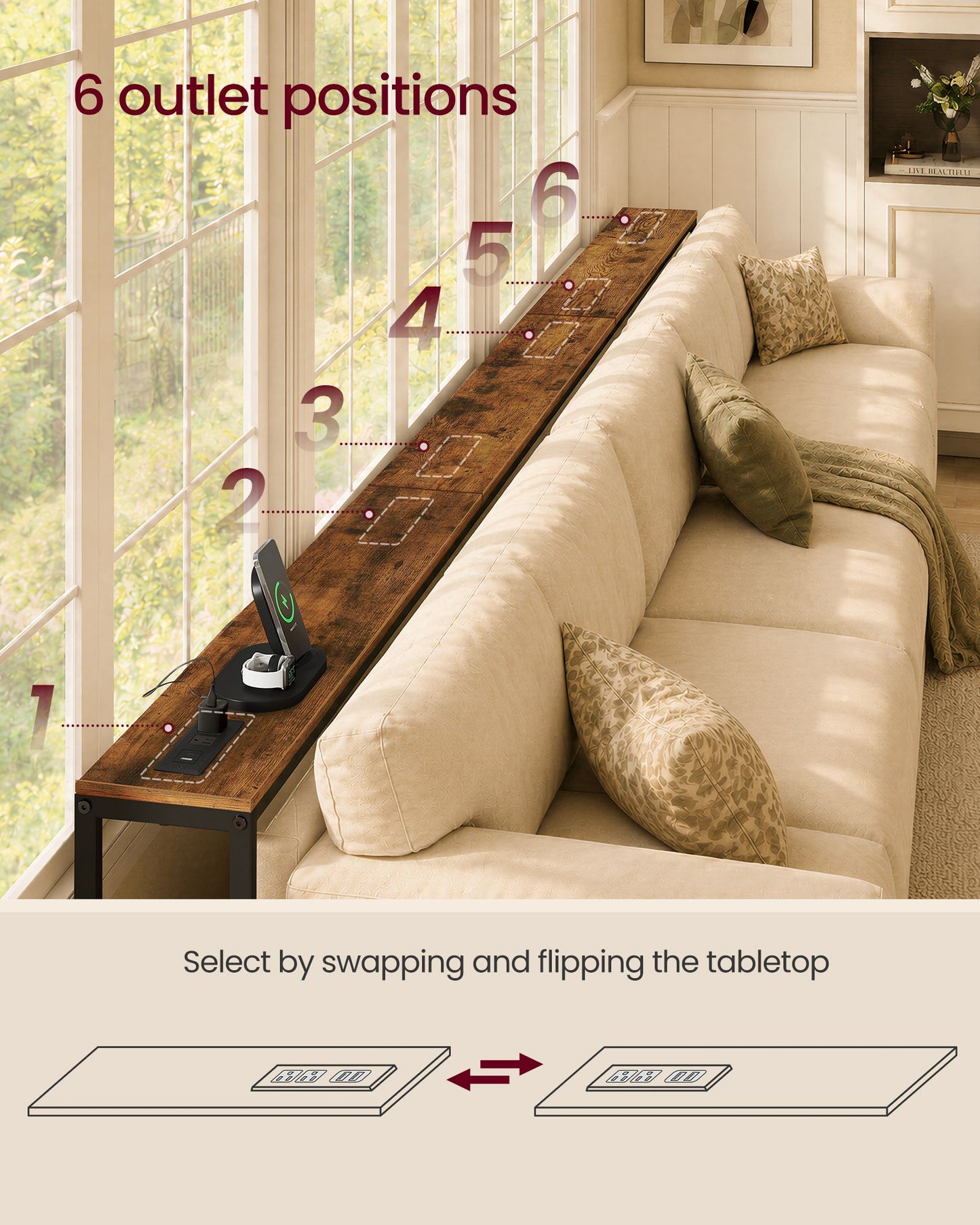 VASAGLE Height Adjustable Sofa Console Table with Power Outlet Brown – Rustic Brown and Matte Black