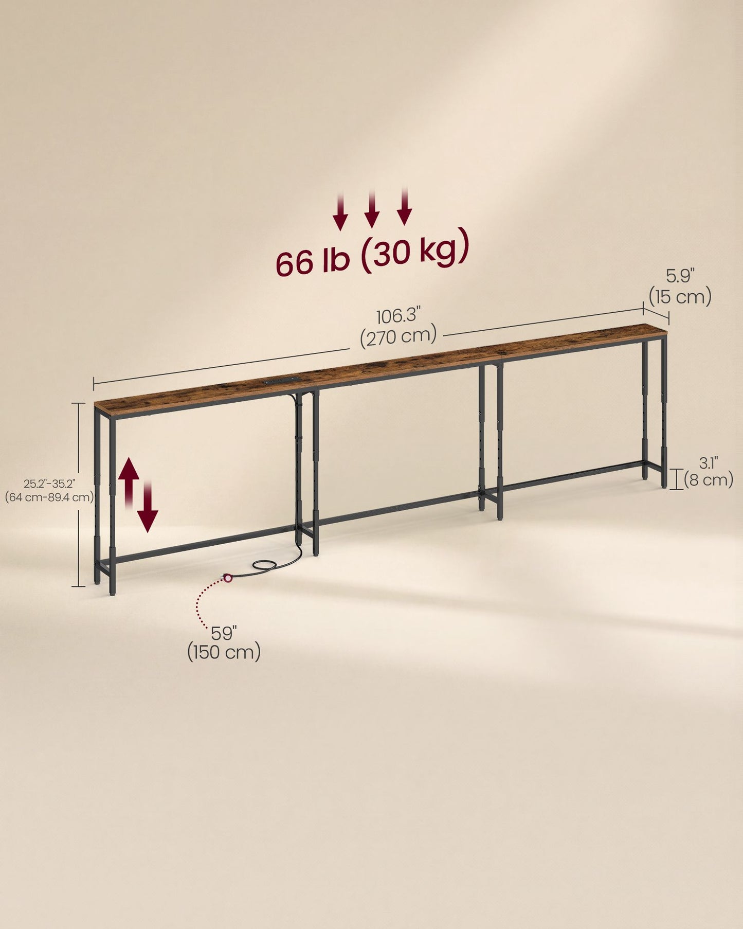 VASAGLE Height Adjustable Sofa Console Table with Power Outlet Brown – Rustic Brown and Matte Black