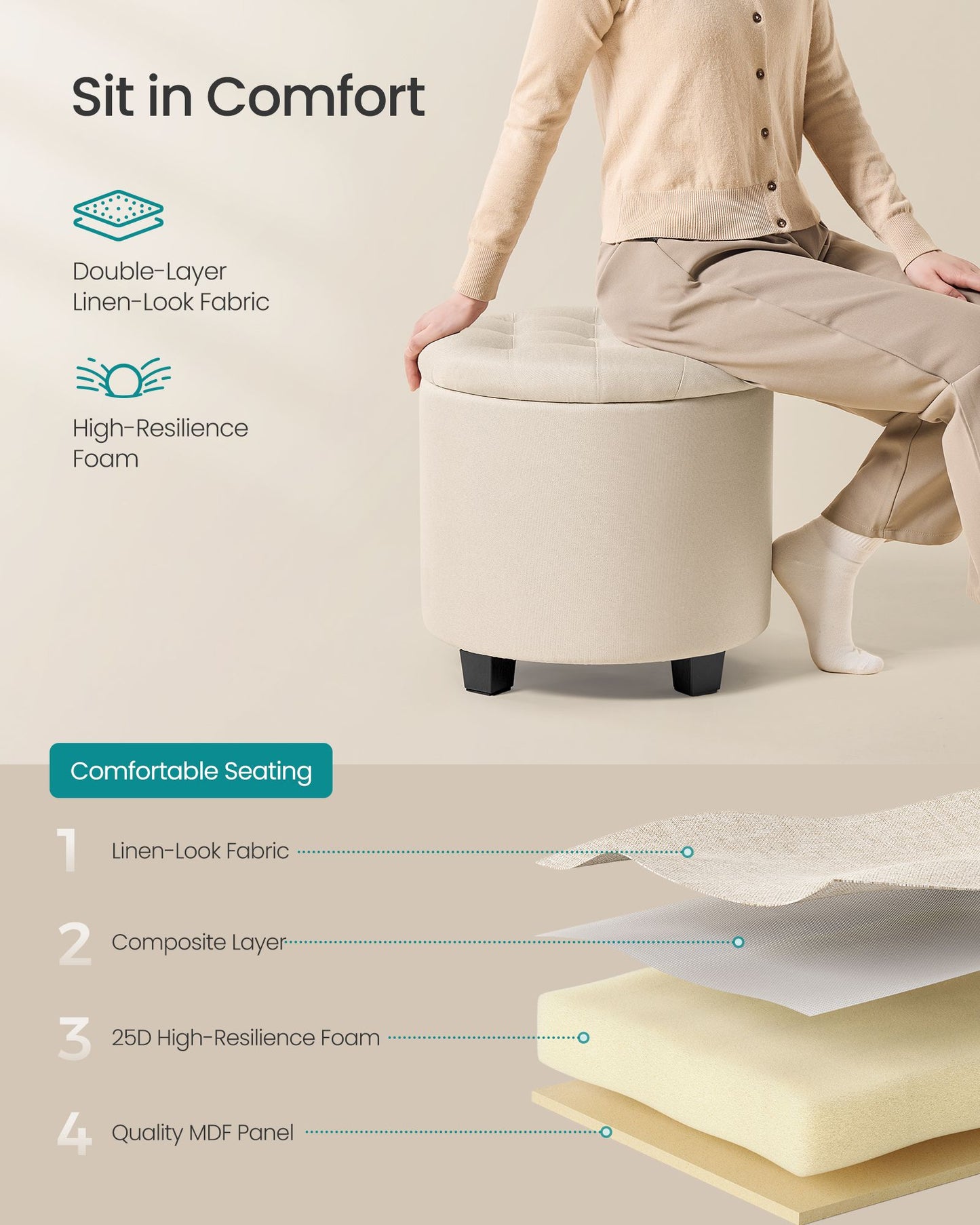 SONGMICS Vanity Stool, Round Ottoman with Storage, Linen-Look Fabric Upholstered Foot Stool – Light Beige