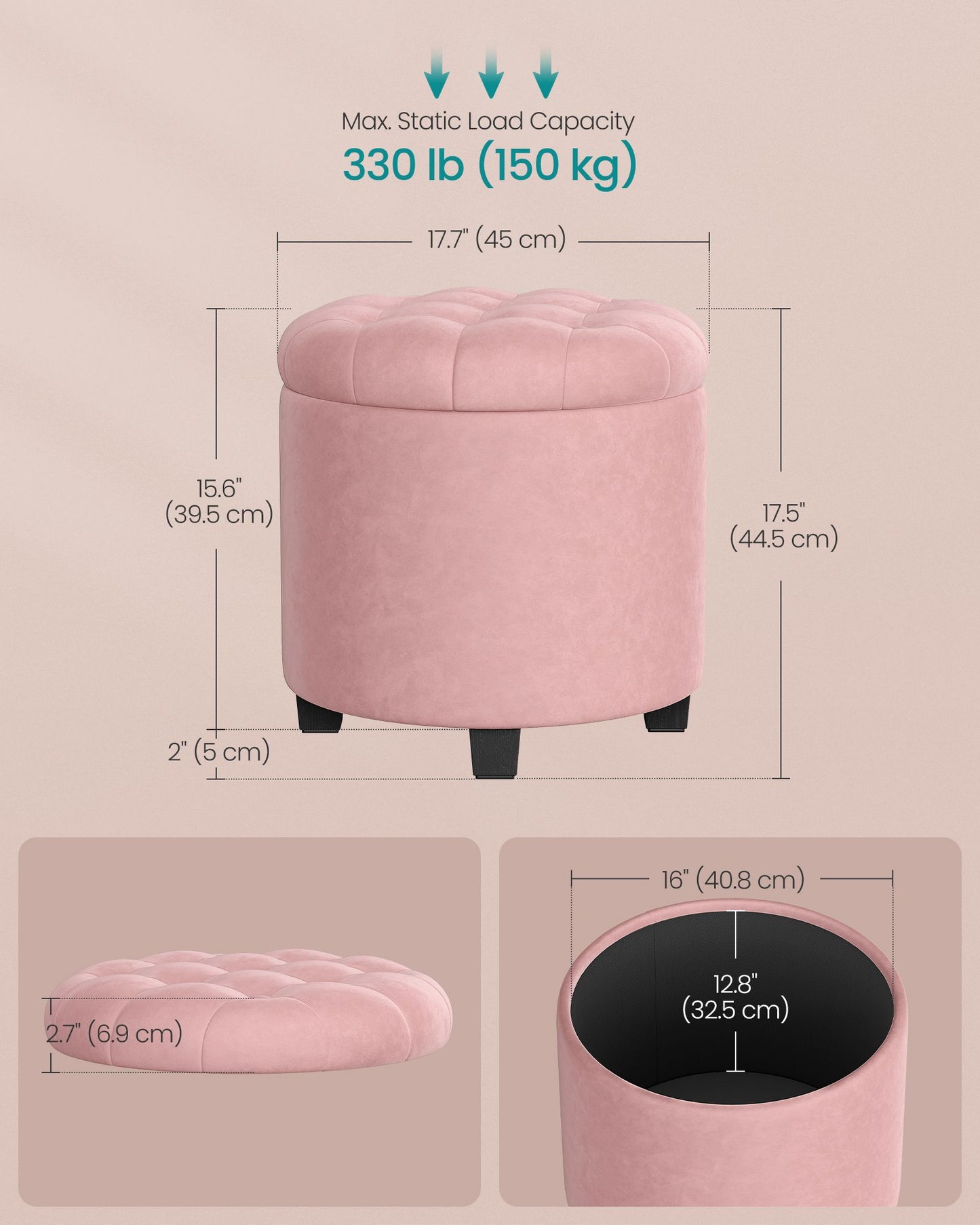 SONGMICS Vanity Stool, Round Ottoman with Storage, Velvet Upholstered Foot Stool – Jelly Pink
