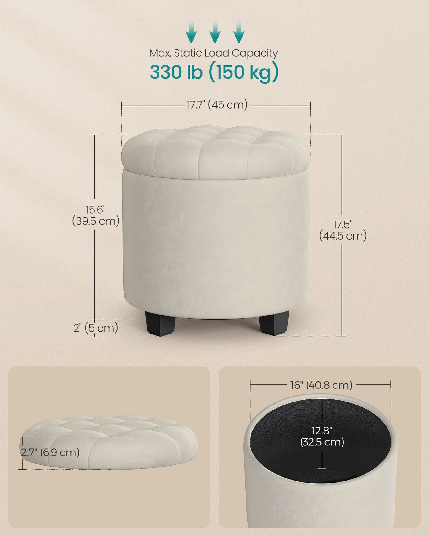 SONGMICS Vanity Stool, Round Ottoman with Storage, Velvet Upholstered Foot Stool – Cappuccino White